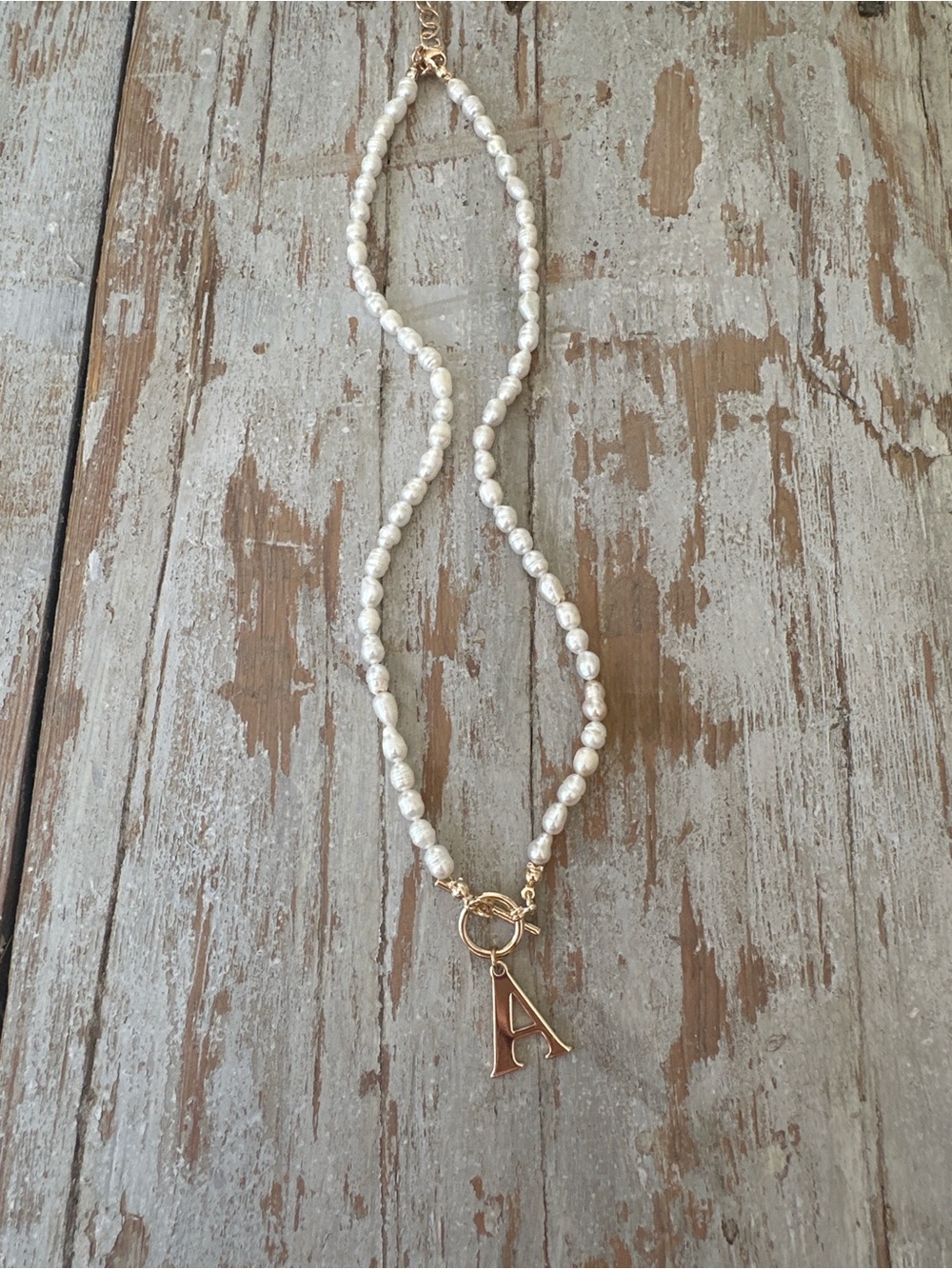 Pearl Beaded Necklace with Gold Initial 'A' Charm - White